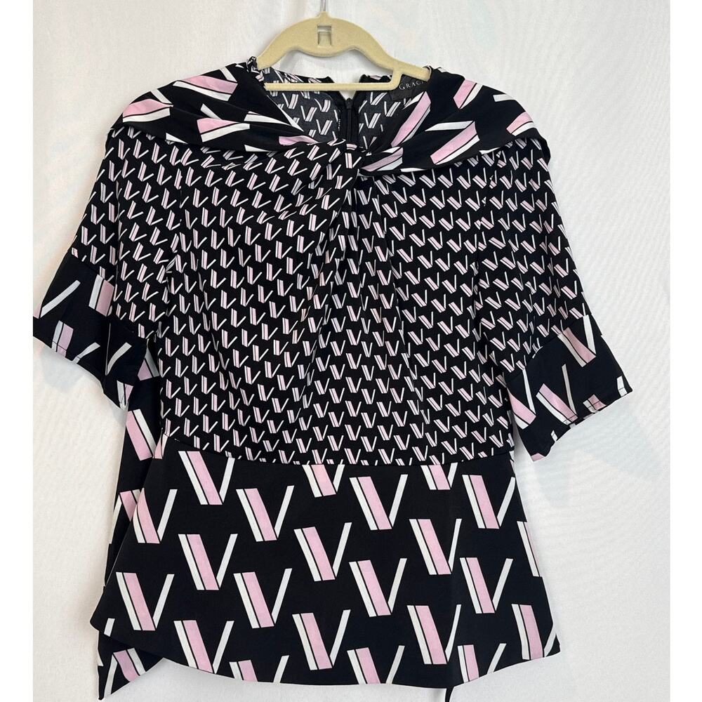Gracia Blouse Womens M Black Pink Geometric Print Attached Scarf Tie